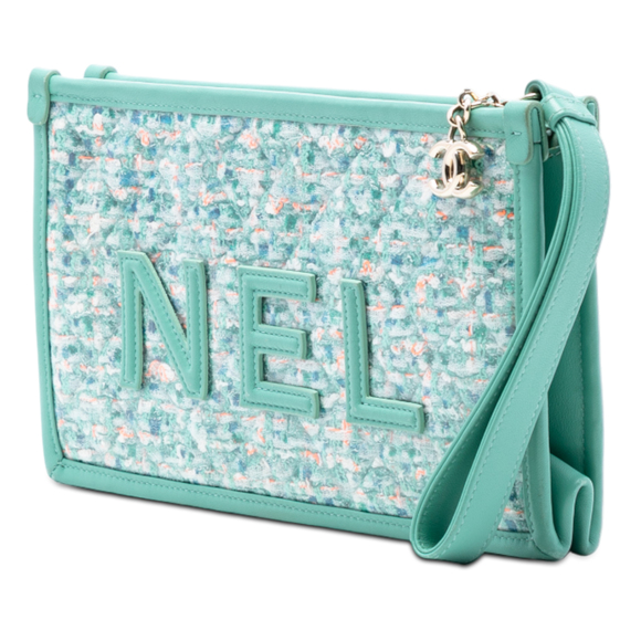 Pre-Loved Chanel Tweed PVC Logo Clutch - Picture 2 of 7